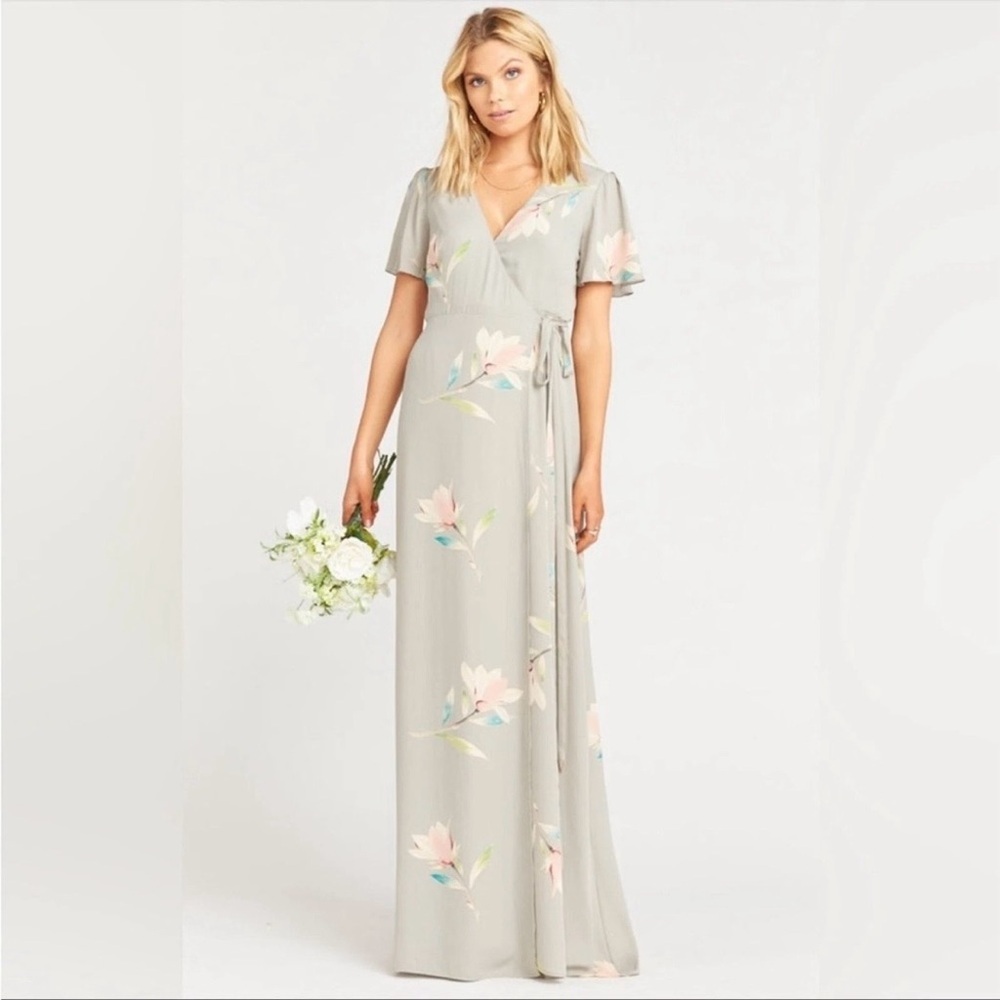 Show Me Your Mumu Noelle Lily Showers True Wrap Sz XS Dress Gray Flutter Sleeves
